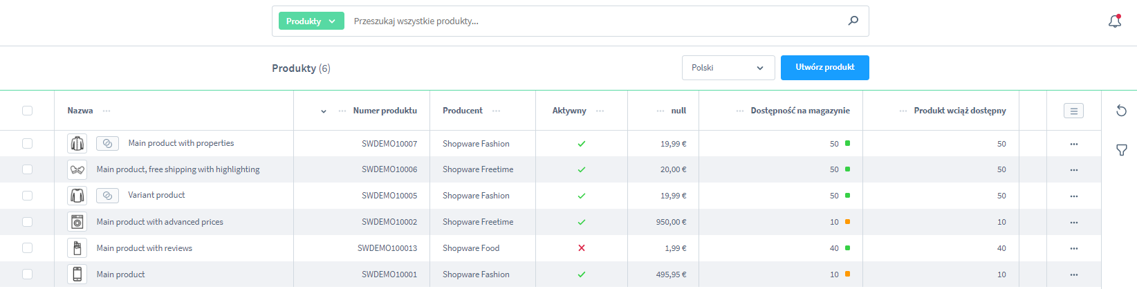Sekcja produkty Shopware 6 Zarządzanie produktami Shopware 6