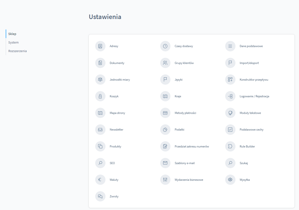 Sekcja Ustawienia Sklepu Shopware 6 Zarządzanie ustawieniami sklepu Shopware 6